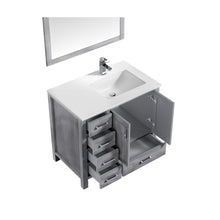 Load image into Gallery viewer, Jacques 36&quot; Distressed Grey Single Vanity, White Quartz Top, White Square Sink and 34&quot; Mirror w/ Faucet - Right Version - LJ342236SDWQM34FR