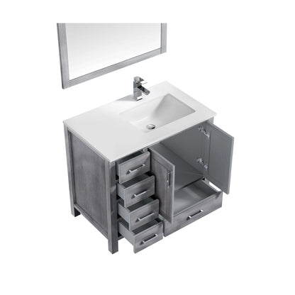 Jacques 36" Distressed Grey Single Vanity, White Quartz Top, White Square Sink and 34" Mirror - Right Version - LJ342236SDWQM34R