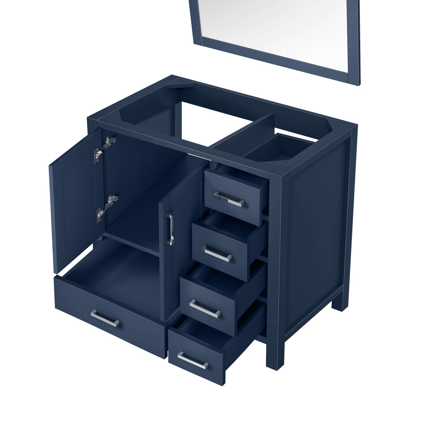 Jacques 36" Navy Blue Single Vanity, no Top and 34" Mirror - Left Version - LJ342236SE00M34L