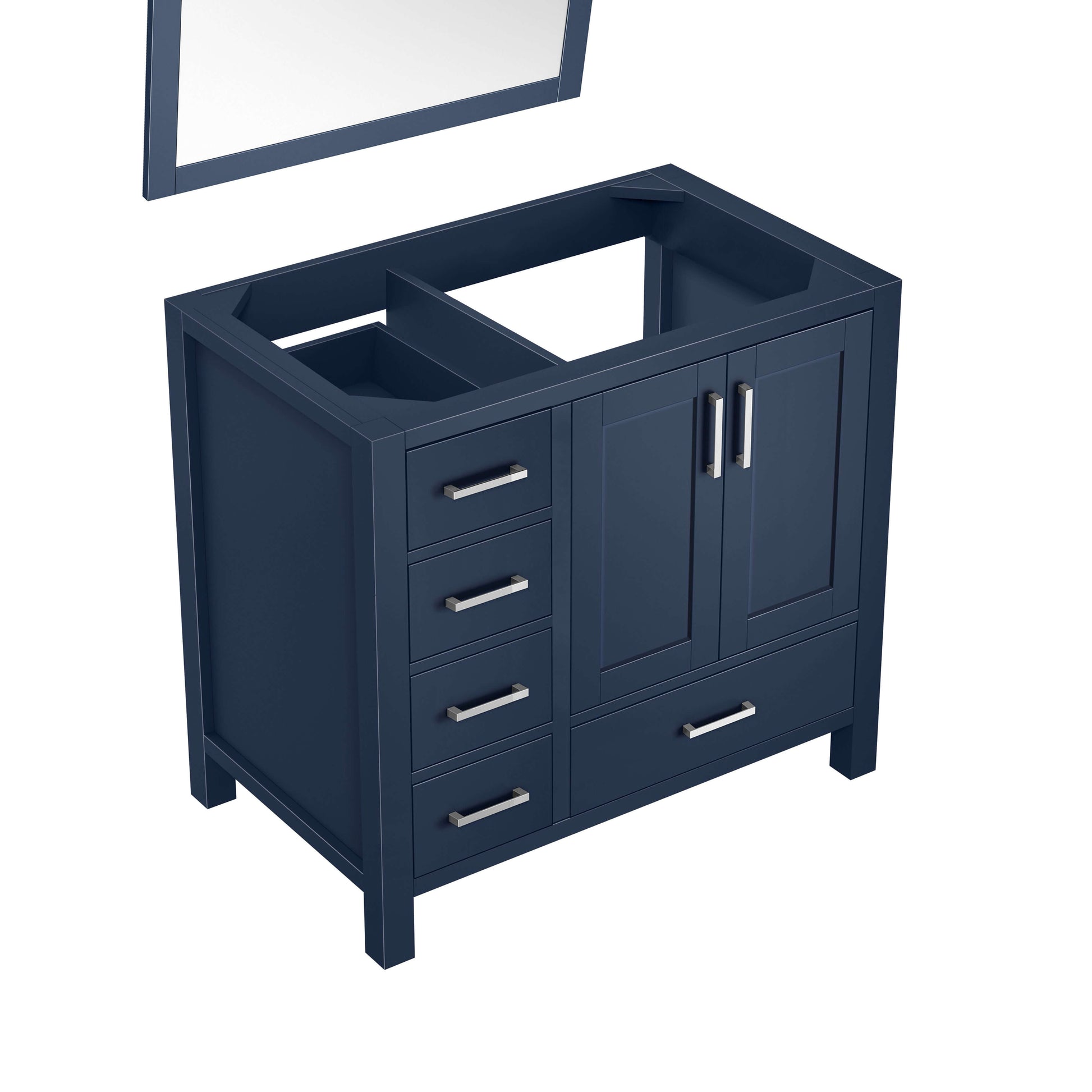 Jacques 36" Navy Blue Single Vanity, no Top and 34" Mirror - Right Version - LJ342236SE00M34R