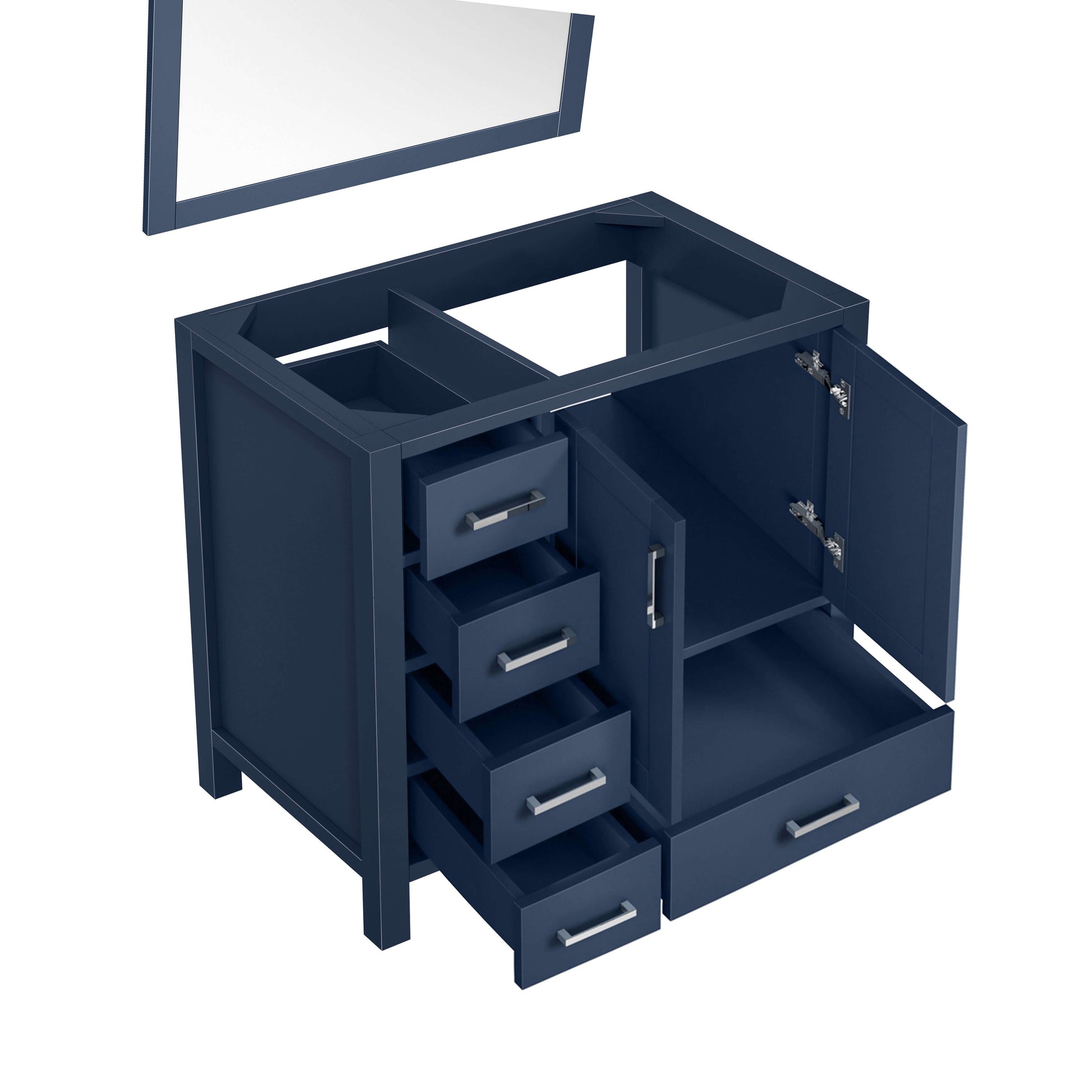 Jacques 36" Navy Blue Single Vanity, no Top and 34" Mirror - Right Version - LJ342236SE00M34R