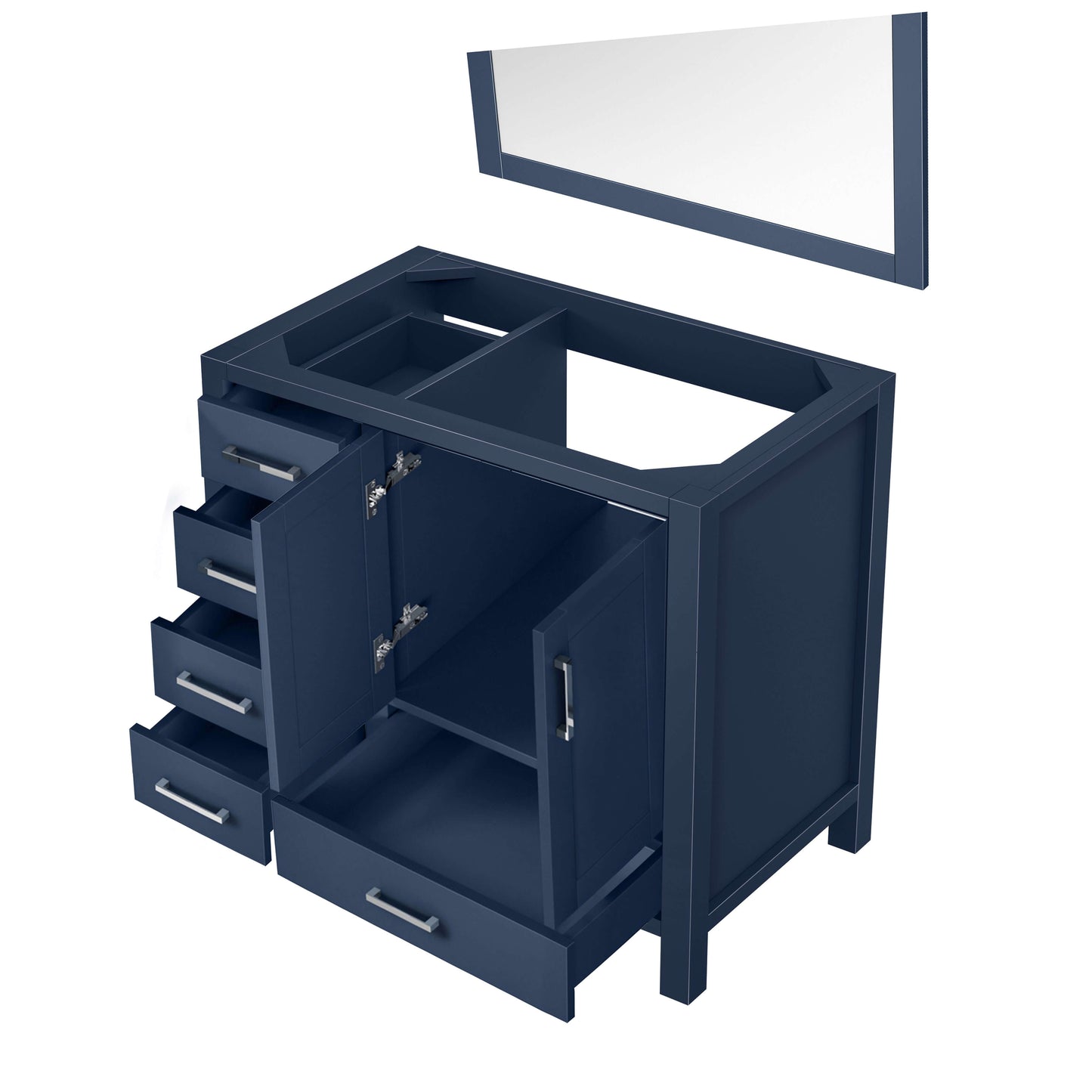 Jacques 36" Navy Blue Single Vanity, no Top and 34" Mirror - Right Version - LJ342236SE00M34R