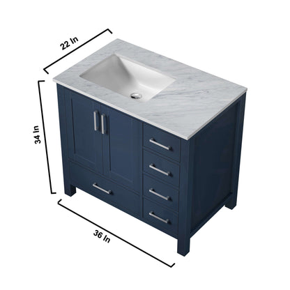 Jacques 36" Navy Blue Single Vanity, White Carrara Marble Top, White Square Sink and no Mirror - Left Version - LJ342236SEDS000L