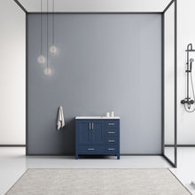 Load image into Gallery viewer, Jacques 36&quot; Navy Blue Single Vanity, White Carrara Marble Top, White Square Sink and no Mirror - Left Version - LJ342236SEDS000L