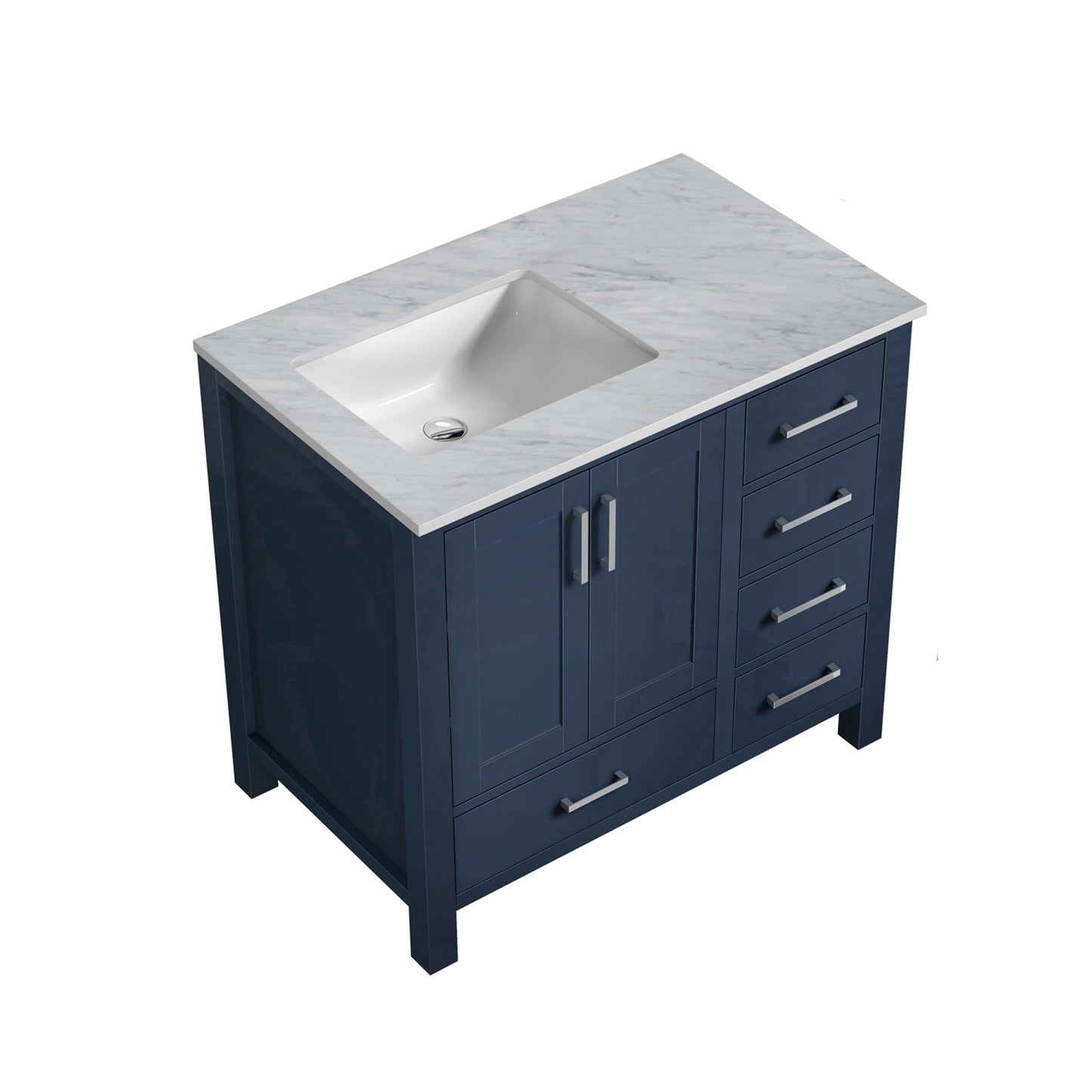 Jacques 36" Navy Blue Single Vanity, White Carrara Marble Top, White Square Sink and no Mirror - Left Version - LJ342236SEDS000L