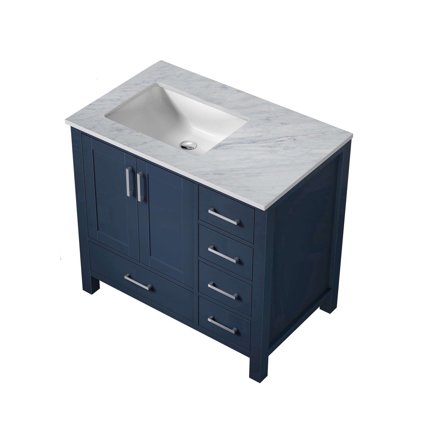 Jacques 36" Navy Blue Single Vanity, White Carrara Marble Top, White Square Sink and no Mirror - Left Version - LJ342236SEDS000L