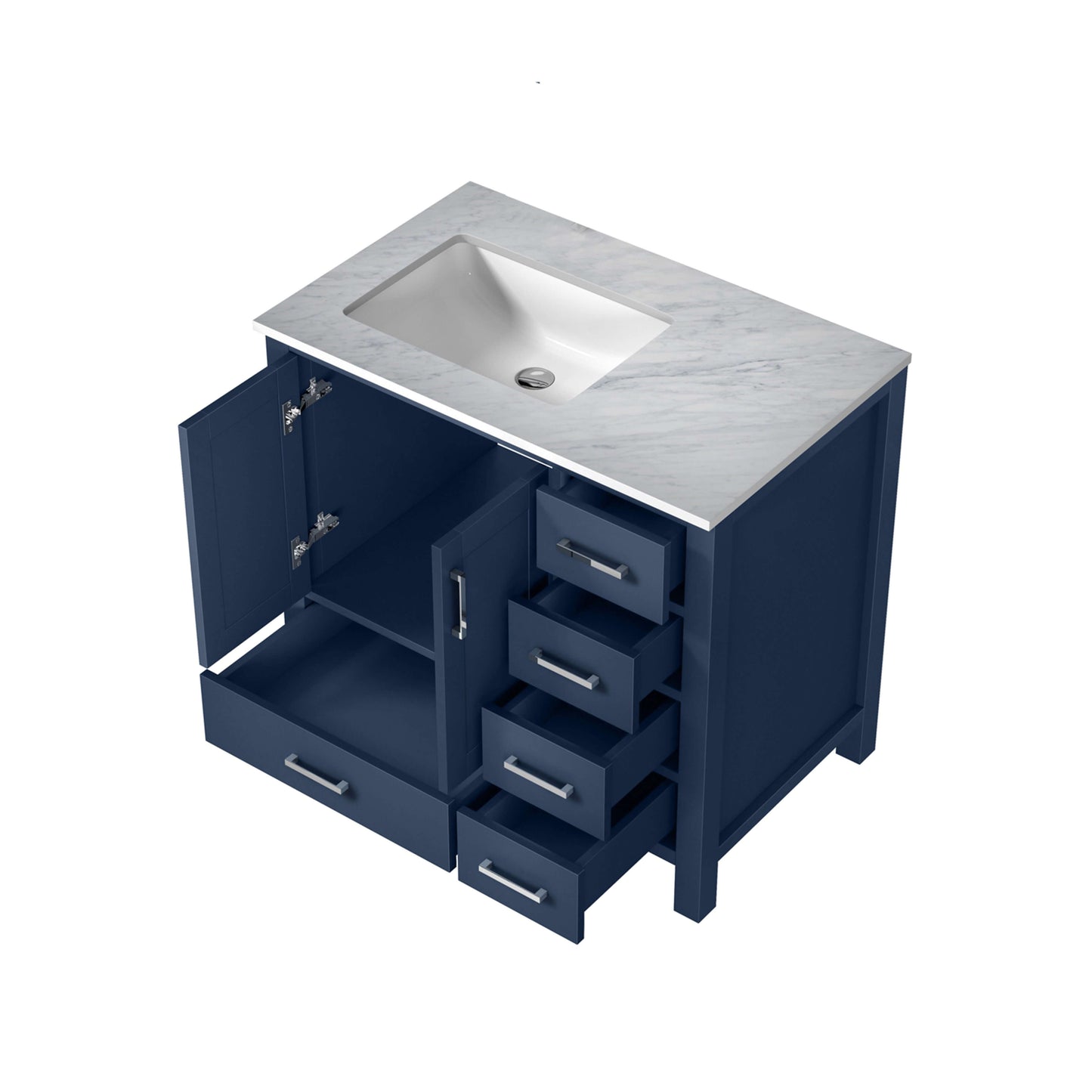 Jacques 36" Navy Blue Single Vanity, White Carrara Marble Top, White Square Sink and no Mirror - Left Version - LJ342236SEDS000L