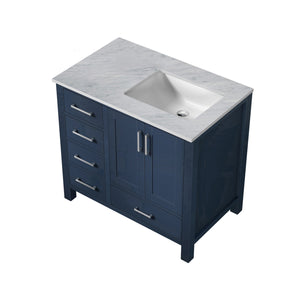 Jacques 36" Navy Blue Single Vanity, White Carrara Marble Top, White Square Sink and no Mirror - Right Version - LJ342236SEDS000R
