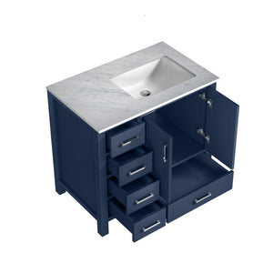 Jacques 36" Navy Blue Single Vanity, White Carrara Marble Top, White Square Sink and no Mirror - Right Version - LJ342236SEDS000R