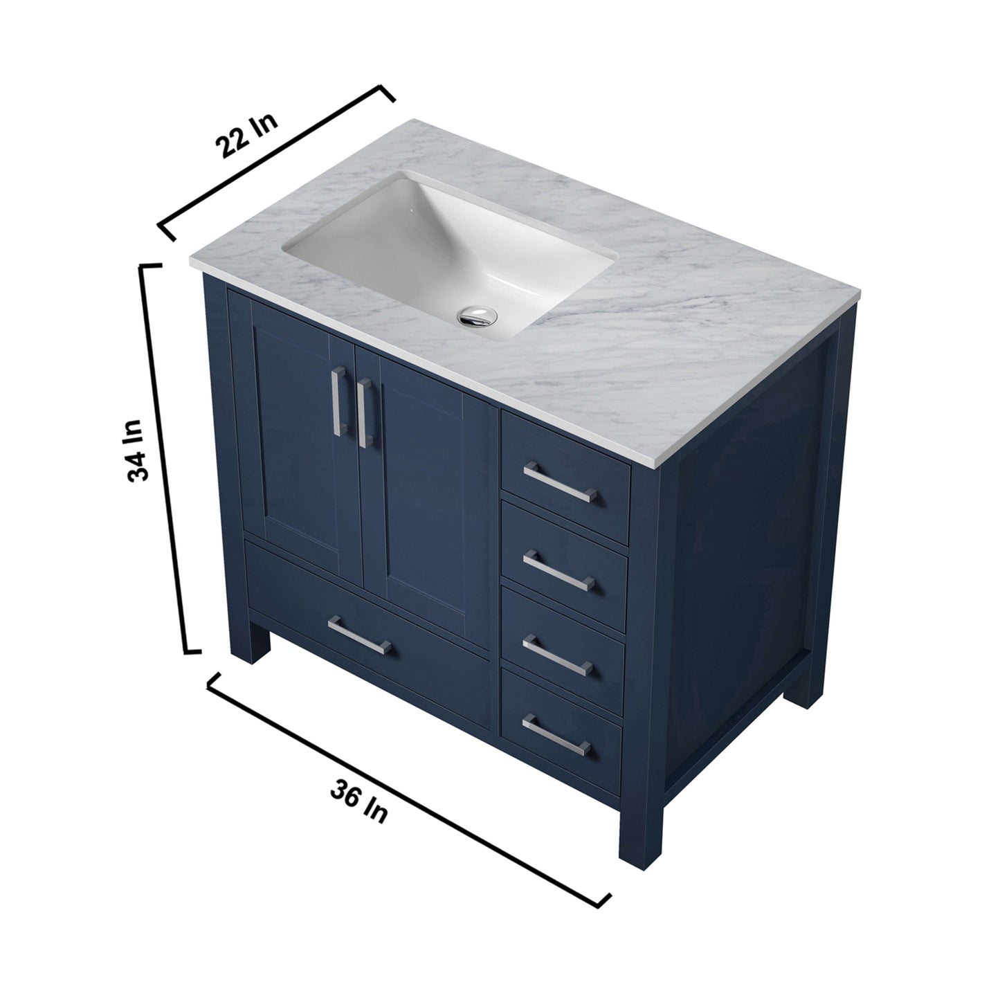 Jacques 36" Navy Blue Single Vanity, White Carrara Marble Top, White Square Sink and 34" Mirror - Left Version - LJ342236SEDSM34L