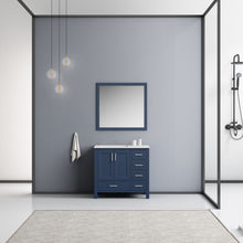 Load image into Gallery viewer, Jacques 36&quot; Navy Blue Single Vanity, White Carrara Marble Top, White Square Sink and 34&quot; Mirror - Left Version - LJ342236SEDSM34L