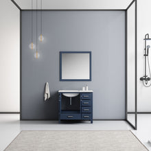 Load image into Gallery viewer, Jacques 36&quot; Navy Blue Single Vanity, White Carrara Marble Top, White Square Sink and 34&quot; Mirror - Left Version - LJ342236SEDSM34L