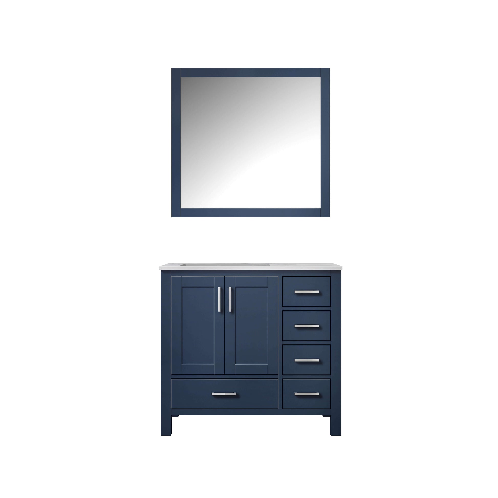 Jacques 36" Navy Blue Single Vanity, White Carrara Marble Top, White Square Sink and 34" Mirror - Left Version - LJ342236SEDSM34L