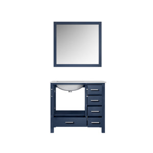 Jacques 36" Navy Blue Single Vanity, White Carrara Marble Top, White Square Sink and 34" Mirror - Left Version - LJ342236SEDSM34L