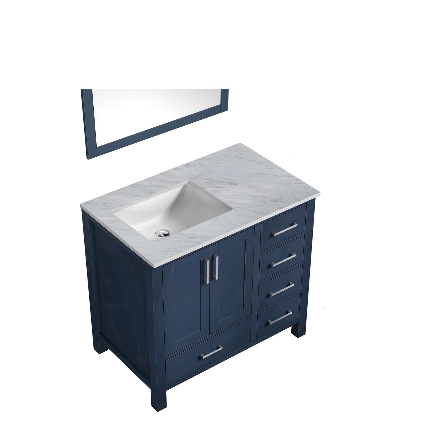 Jacques 36" Navy Blue Single Vanity, White Carrara Marble Top, White Square Sink and 34" Mirror - Left Version - LJ342236SEDSM34L