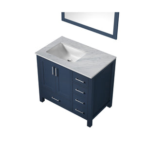 Jacques 36" Navy Blue Single Vanity, White Carrara Marble Top, White Square Sink and 34" Mirror - Left Version - LJ342236SEDSM34L