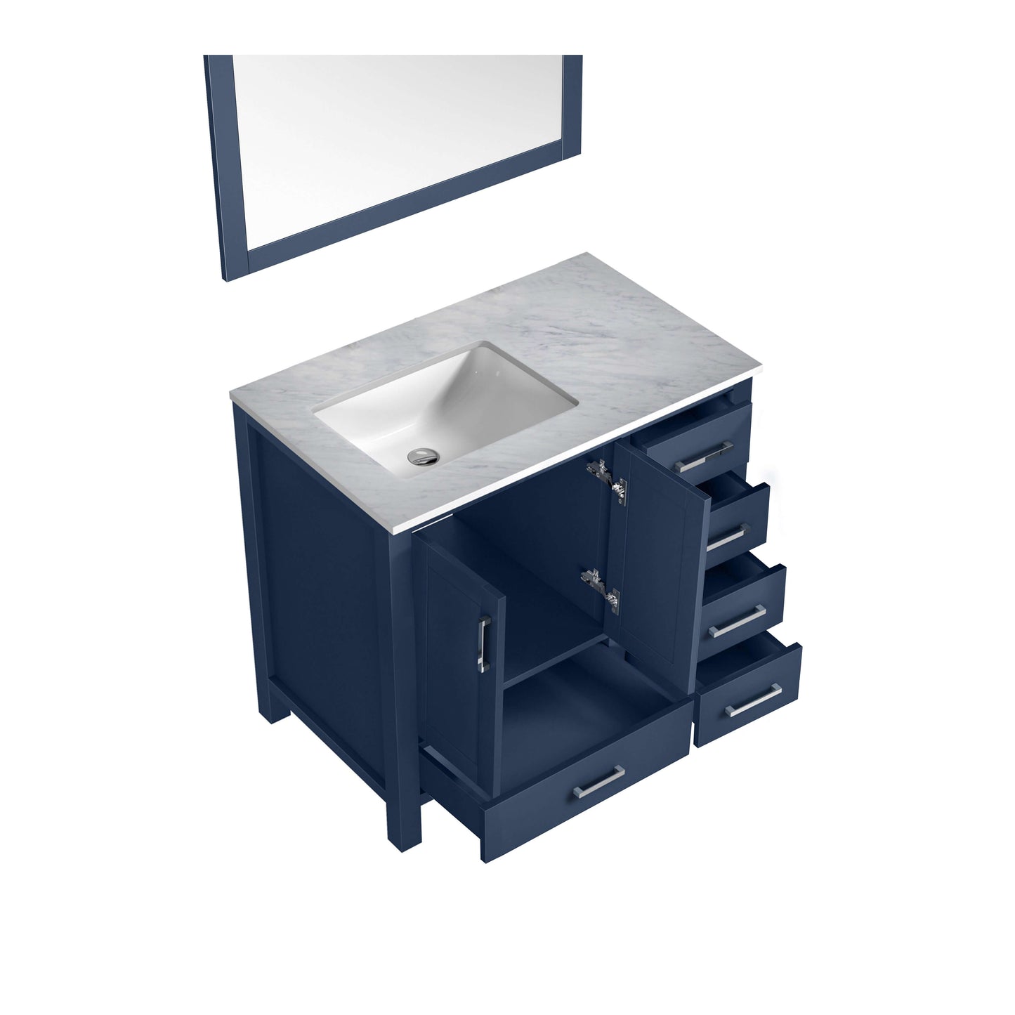 Jacques 36" Navy Blue Single Vanity, White Carrara Marble Top, White Square Sink and 34" Mirror - Left Version - LJ342236SEDSM34L