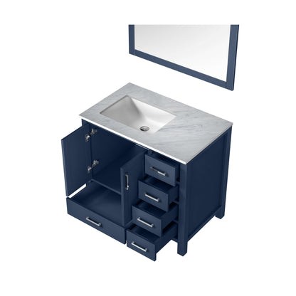 Jacques 36" Navy Blue Single Vanity, White Carrara Marble Top, White Square Sink and 34" Mirror - Left Version - LJ342236SEDSM34L