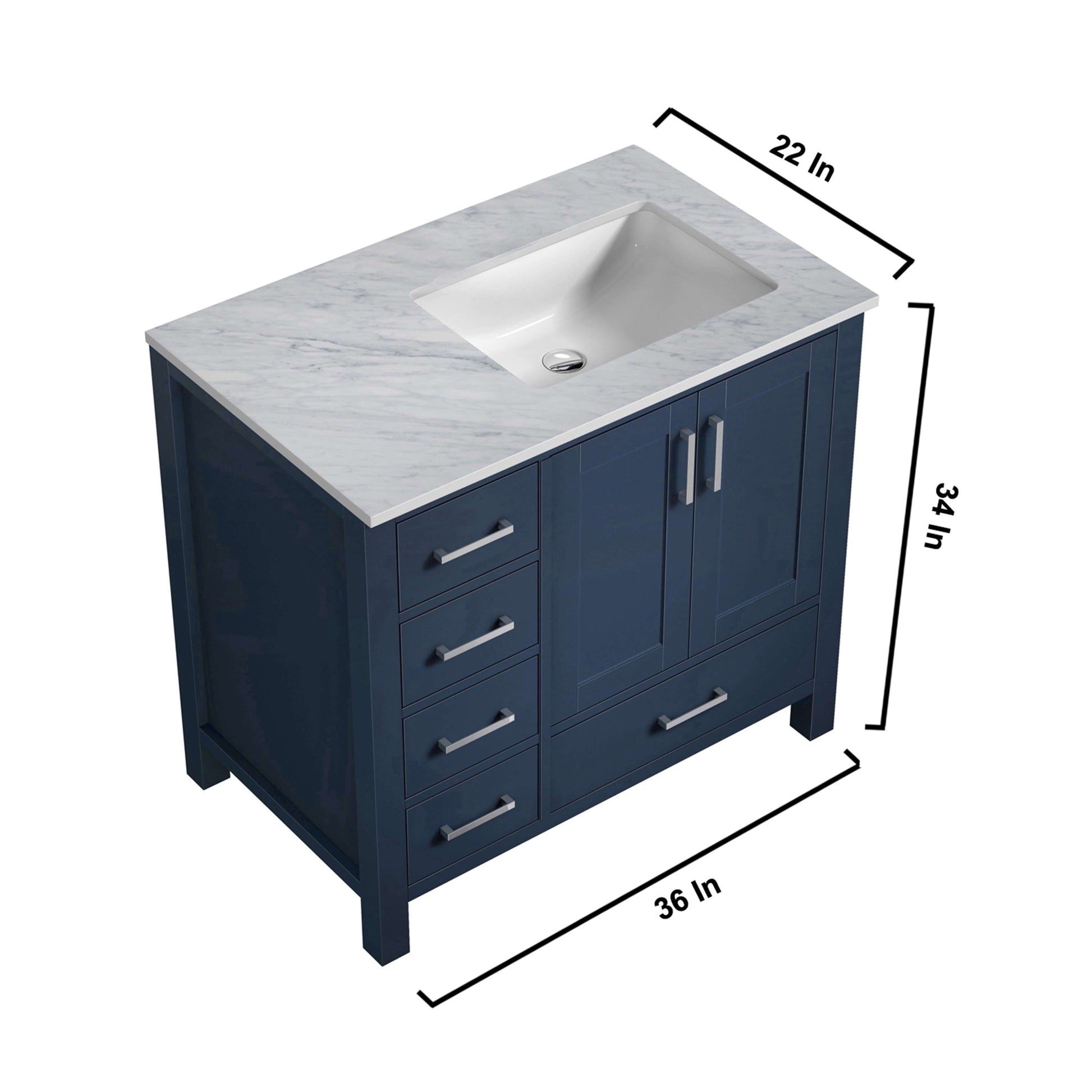 Jacques 36" Navy Blue Single Vanity, White Carrara Marble Top, White Square Sink and 34" Mirror - Right Version - LJ342236SEDSM34R