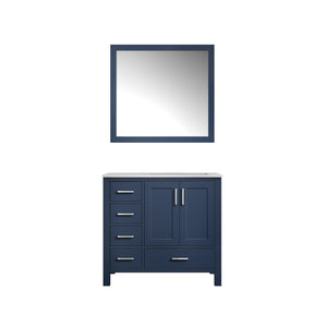 Jacques 36" Navy Blue Single Vanity, White Carrara Marble Top, White Square Sink and 34" Mirror - Right Version - LJ342236SEDSM34R