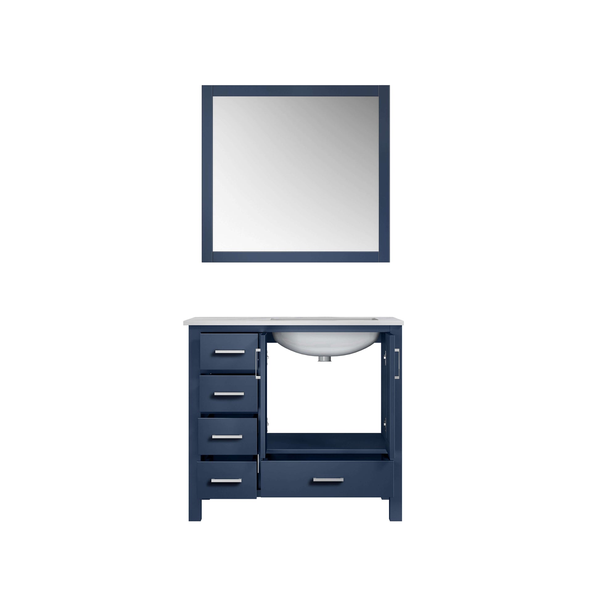 Jacques 36" Navy Blue Single Vanity, White Carrara Marble Top, White Square Sink and 34" Mirror - Right Version - LJ342236SEDSM34R