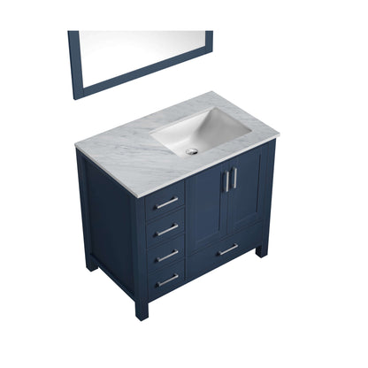 Jacques 36" Navy Blue Single Vanity, White Carrara Marble Top, White Square Sink and 34" Mirror - Right Version - LJ342236SEDSM34R