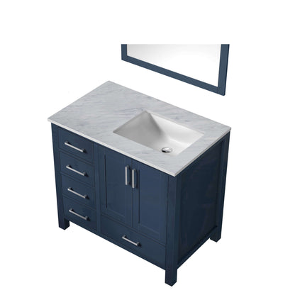 Jacques 36" Navy Blue Single Vanity, White Carrara Marble Top, White Square Sink and 34" Mirror - Right Version - LJ342236SEDSM34R