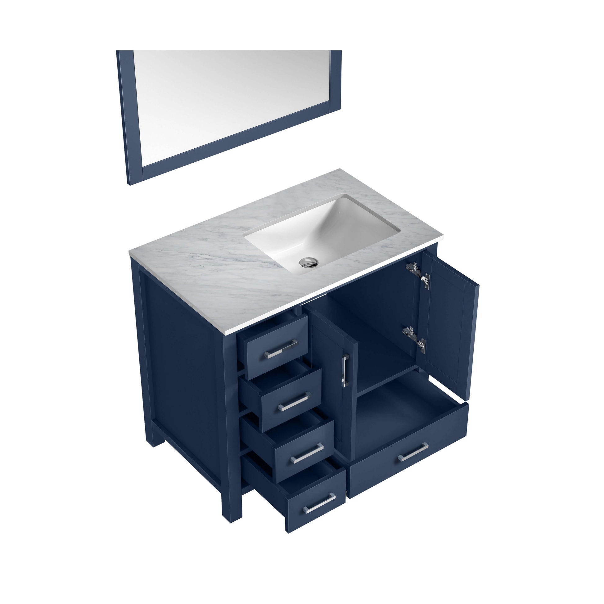 Jacques 36" Navy Blue Single Vanity, White Carrara Marble Top, White Square Sink and 34" Mirror - Right Version - LJ342236SEDSM34R