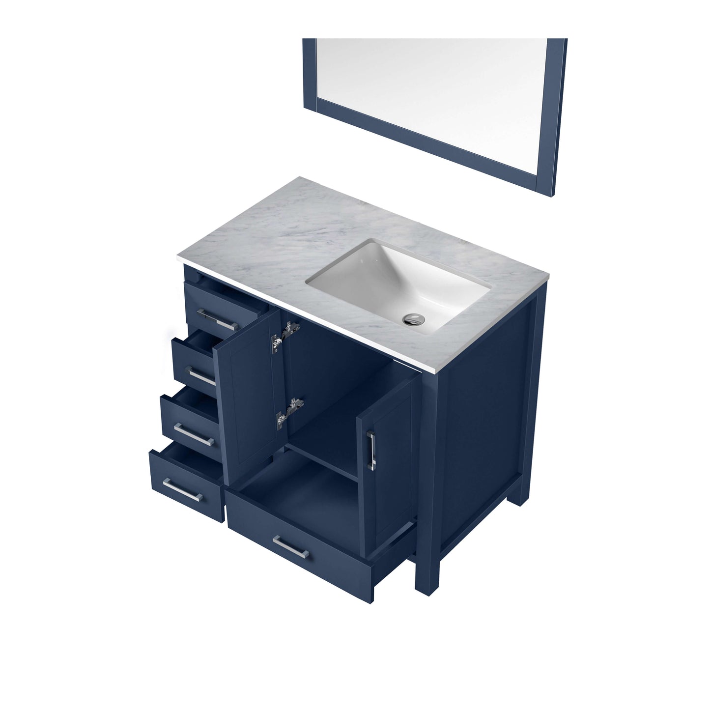 Jacques 36" Navy Blue Single Vanity, White Carrara Marble Top, White Square Sink and 34" Mirror - Right Version - LJ342236SEDSM34R