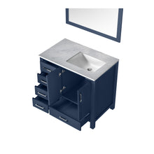 Load image into Gallery viewer, Jacques 36&quot; Navy Blue Single Vanity, White Carrara Marble Top, White Square Sink and 34&quot; Mirror - Right Version - LJ342236SEDSM34R
