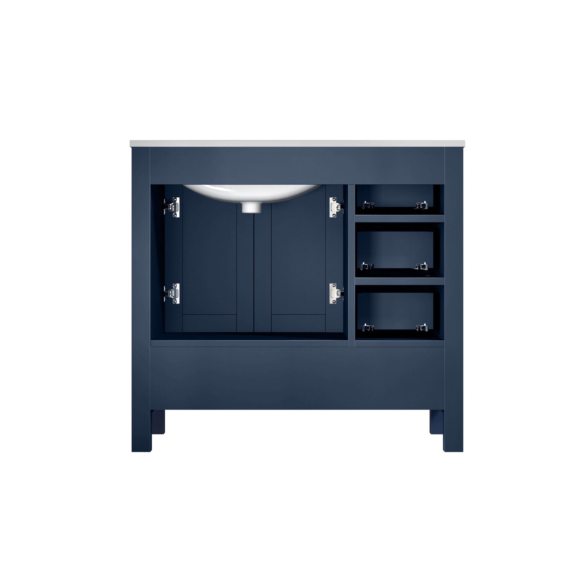 Jacques 36" Navy Blue Single Vanity, White Carrara Marble Top, White Square Sink and 34" Mirror - Right Version - LJ342236SEDSM34R