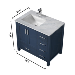Jacques 36" Navy Blue Single Vanity, White Carrara Marble Top, White Square Sink and 34" Mirror w/ Faucet - Left Version - LJ342236SEDSM34FL