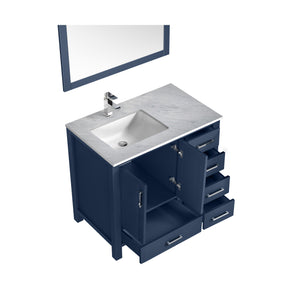 Jacques 36" Navy Blue Single Vanity, White Carrara Marble Top, White Square Sink and 34" Mirror w/ Faucet - Left Version - LJ342236SEDSM34FL