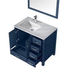 Load image into Gallery viewer, Jacques 36&quot; Navy Blue Single Vanity, White Carrara Marble Top, White Square Sink and 34&quot; Mirror w/ Faucet - Left Version - LJ342236SEDSM34FL