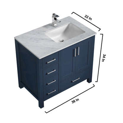 Jacques 36" Navy Blue Single Vanity, White Carrara Marble Top, White Square Sink and 34" Mirror w/ Faucet - Right Version - LJ342236SEDSM34FR