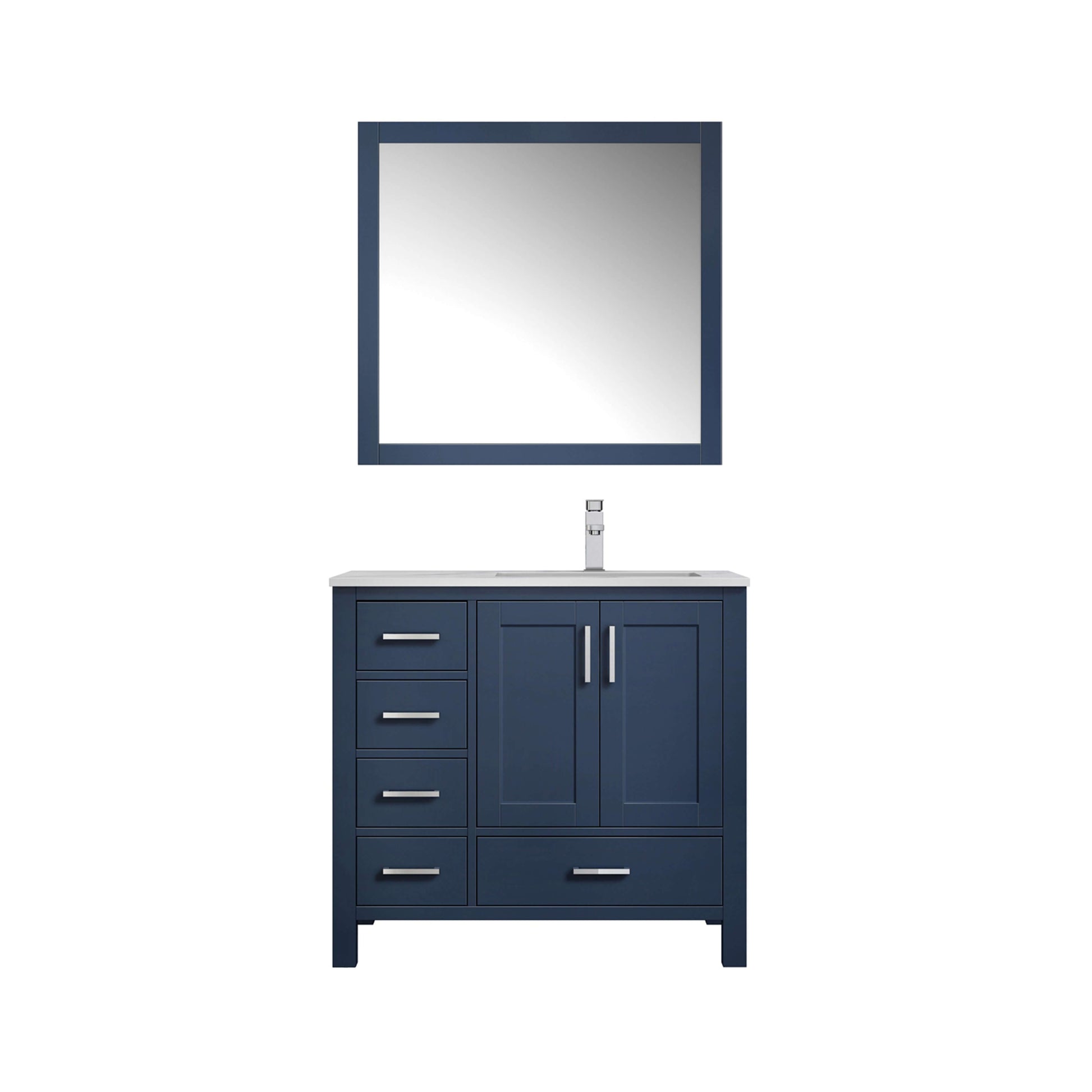 Jacques 36" Navy Blue Single Vanity, White Carrara Marble Top, White Square Sink and 34" Mirror w/ Faucet - Right Version - LJ342236SEDSM34FR