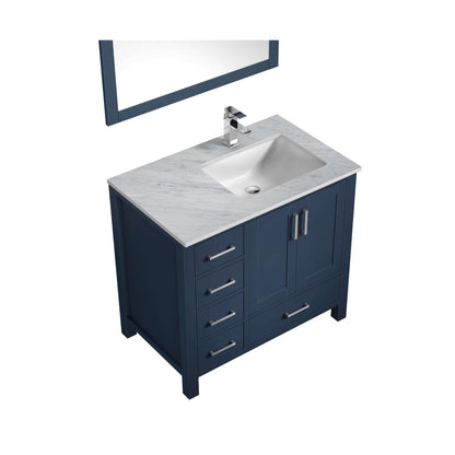 Jacques 36" Navy Blue Single Vanity, White Carrara Marble Top, White Square Sink and 34" Mirror w/ Faucet - Right Version - LJ342236SEDSM34FR