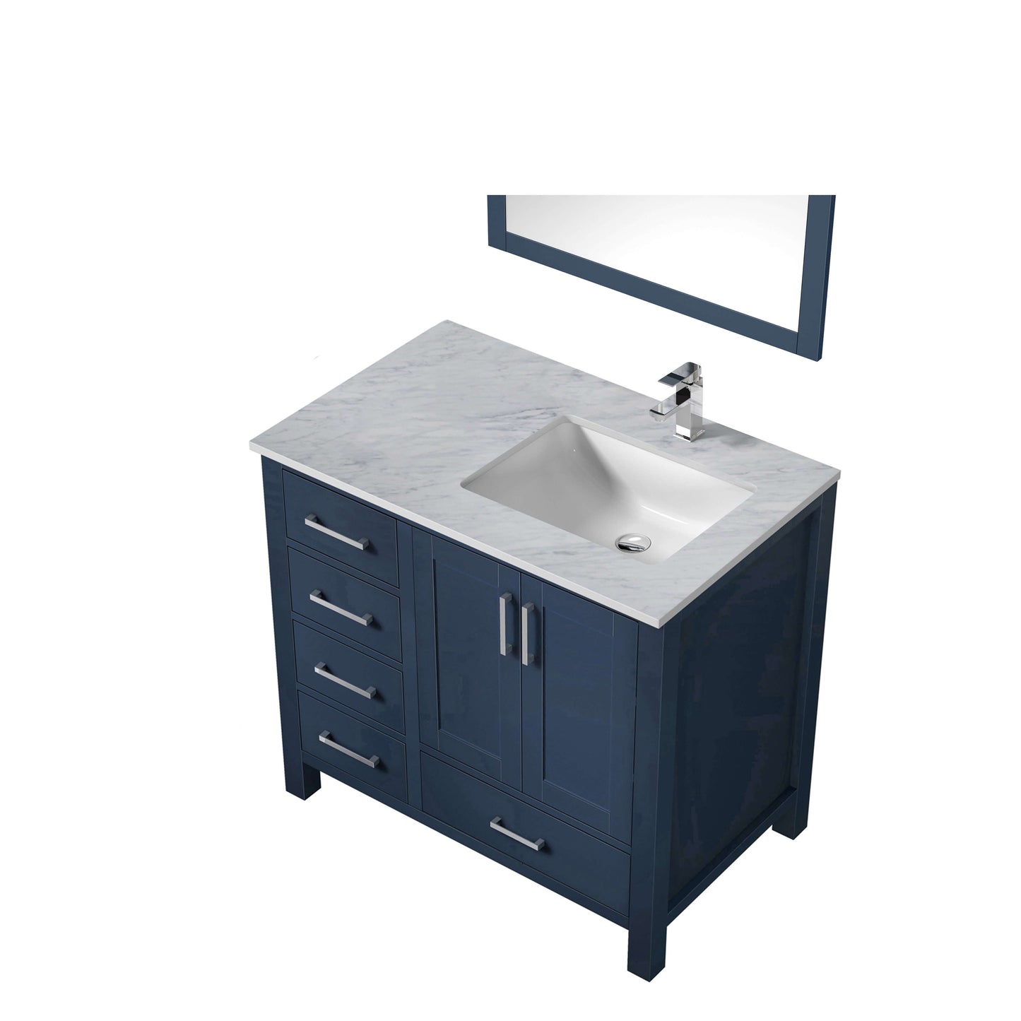 Jacques 36" Navy Blue Single Vanity, White Carrara Marble Top, White Square Sink and 34" Mirror w/ Faucet - Right Version - LJ342236SEDSM34FR