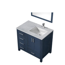 Load image into Gallery viewer, Jacques 36&quot; Navy Blue Single Vanity, White Carrara Marble Top, White Square Sink and 34&quot; Mirror w/ Faucet - Right Version - LJ342236SEDSM34FR