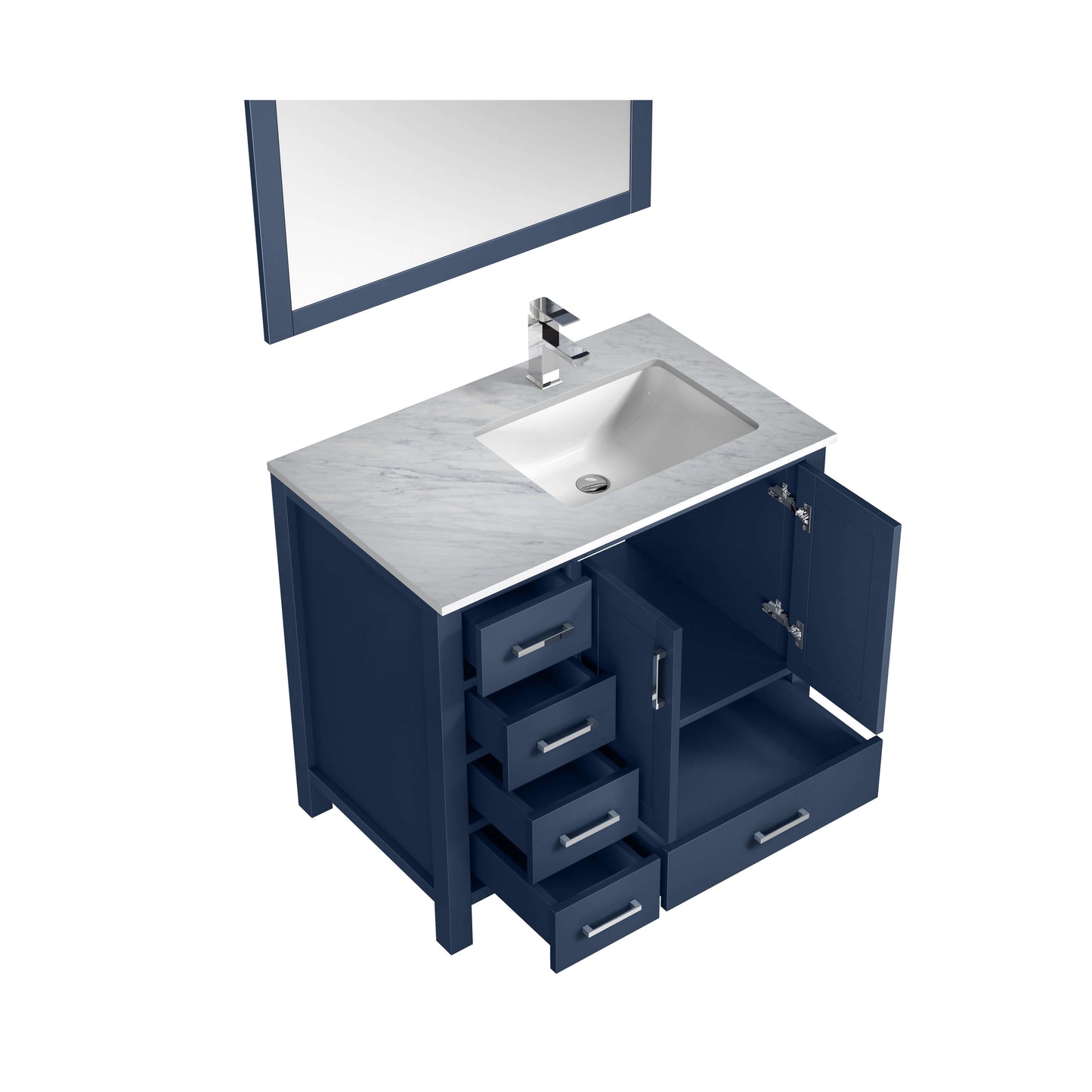 Jacques 36" Navy Blue Single Vanity, White Carrara Marble Top, White Square Sink and 34" Mirror w/ Faucet - Right Version - LJ342236SEDSM34FR