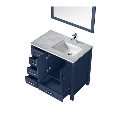 Jacques 36" Navy Blue Single Vanity, White Carrara Marble Top, White Square Sink and 34" Mirror w/ Faucet - Right Version - LJ342236SEDSM34FR