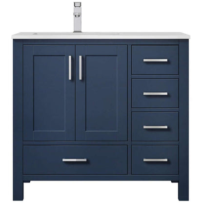 Jacques 36" Navy Blue Single Vanity, White Quartz Top, White Square Sink and no Mirror - Left Version - LJ342236SEWQ000L