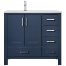 Load image into Gallery viewer, Jacques 36&quot; Navy Blue Single Vanity, White Quartz Top, White Square Sink and no Mirror - Left Version - LJ342236SEWQ000L