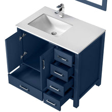 Load image into Gallery viewer, Jacques 36&quot; Navy Blue Single Vanity, White Quartz Top, White Square Sink and no Mirror - Left Version - LJ342236SEWQ000L