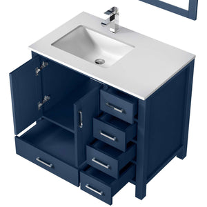 Jacques 36" Navy Blue Single Vanity, White Quartz Top, White Square Sink and no Mirror - Left Version - LJ342236SEWQ000L