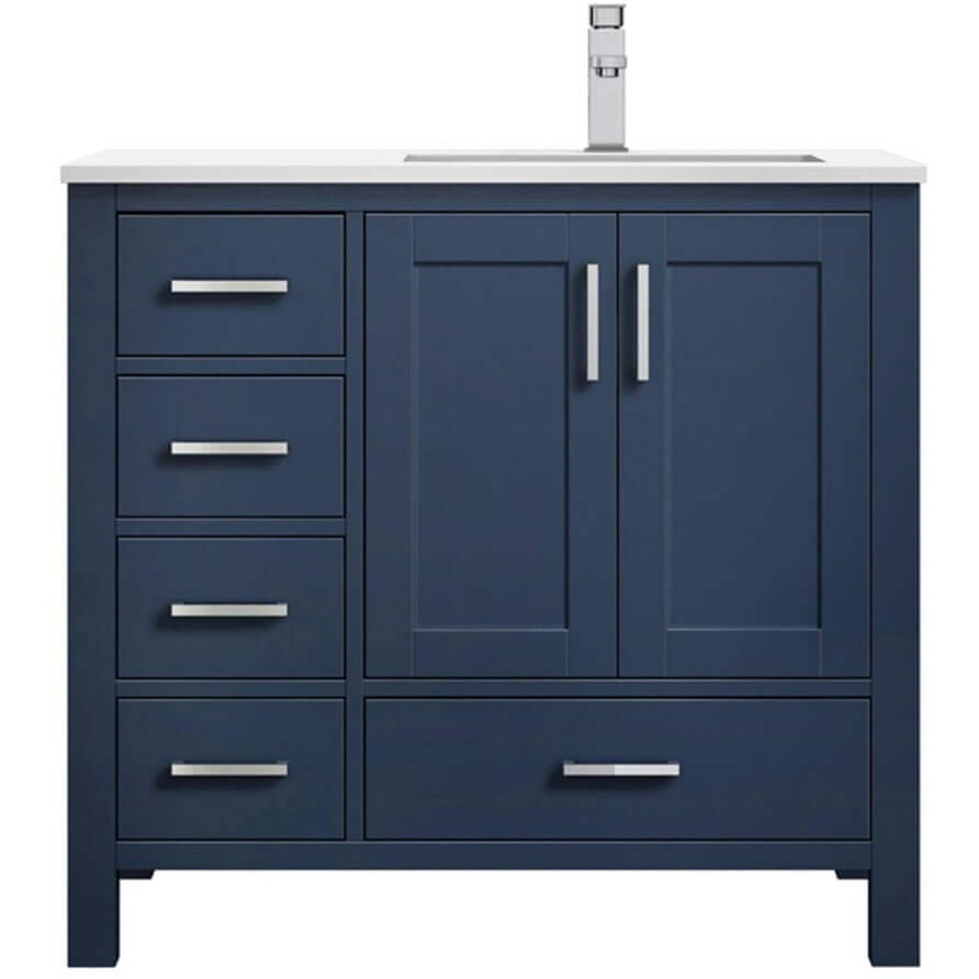 Jacques 36" Navy Blue Single Vanity, White Quartz Top, White Square Sink and no Mirror - Right Version - LJ342236SEWQ000R