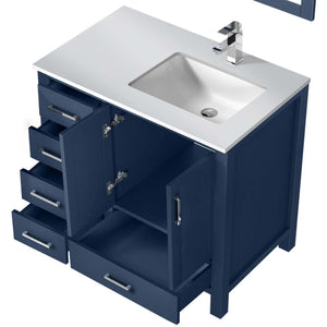 Jacques 36" Navy Blue Single Vanity, White Quartz Top, White Square Sink and no Mirror - Right Version - LJ342236SEWQ000R