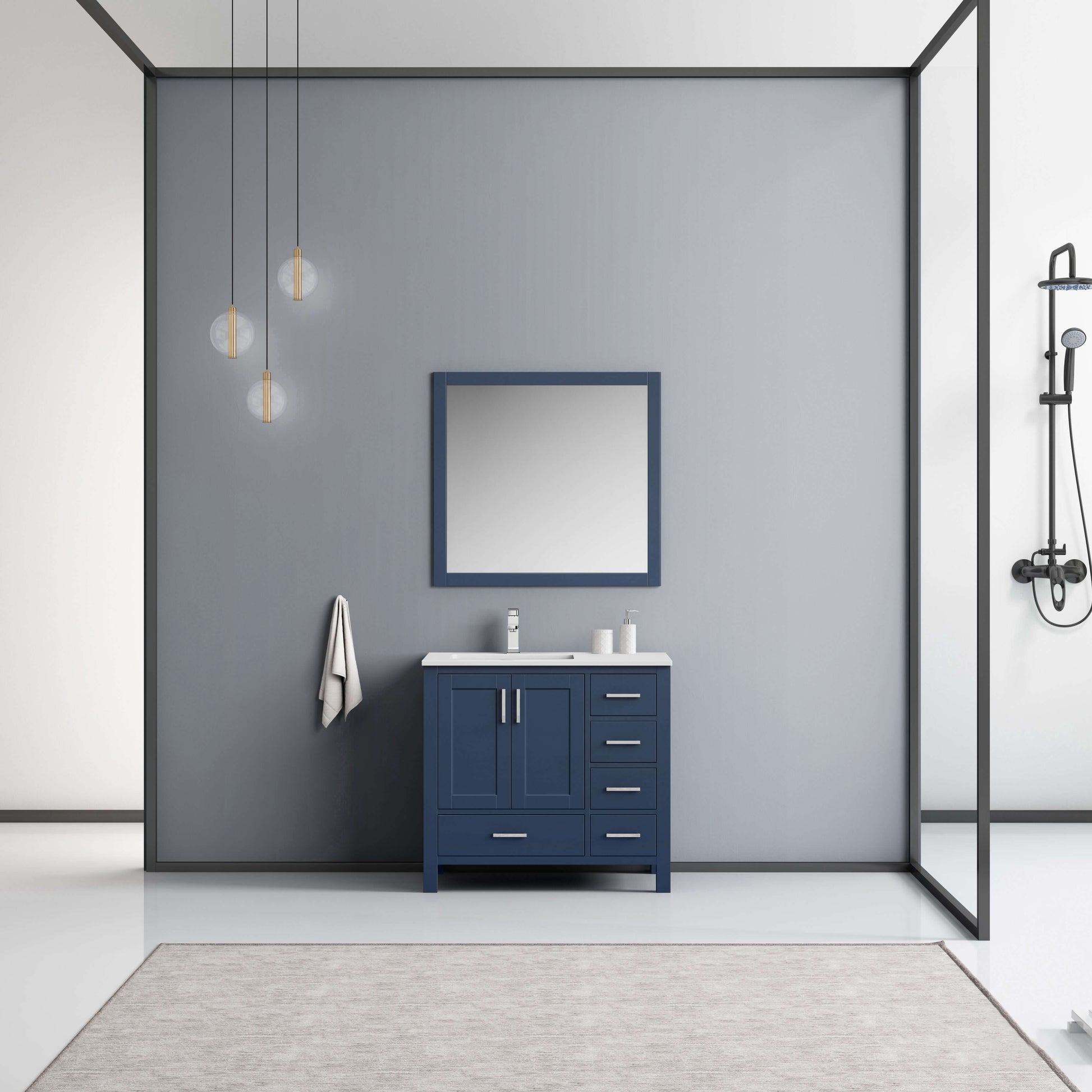 Jacques 36" Navy Blue Single Vanity, White Quartz Top, White Square Sink and 34" Mirror - Left Version - LJ342236SEWQM34L