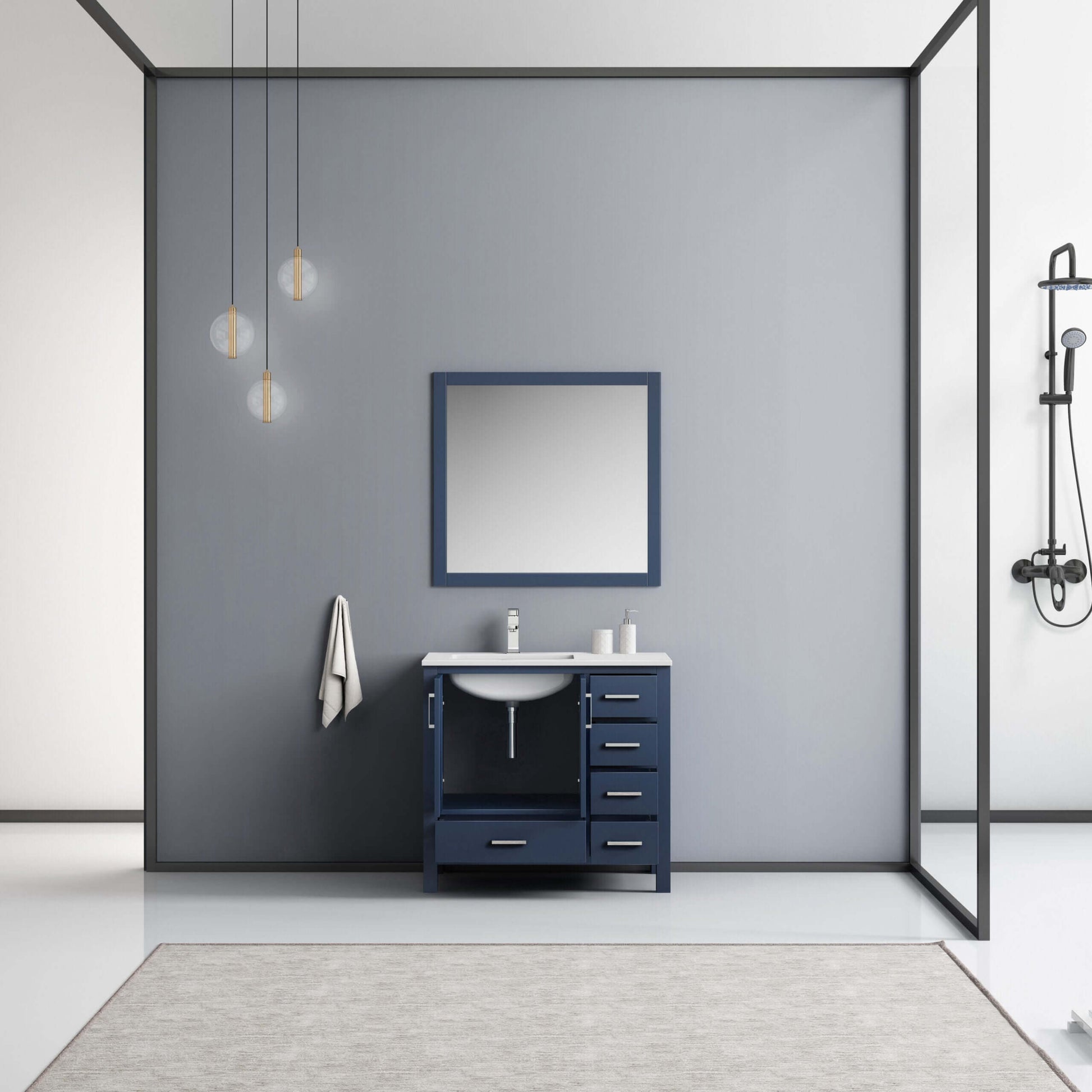 Jacques 36" Navy Blue Single Vanity, White Quartz Top, White Square Sink and 34" Mirror - Left Version - LJ342236SEWQM34L