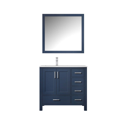 Jacques 36" Navy Blue Single Vanity, White Quartz Top, White Square Sink and 34" Mirror w/ Faucet - Left Version - LJ342236SEWQM34FL